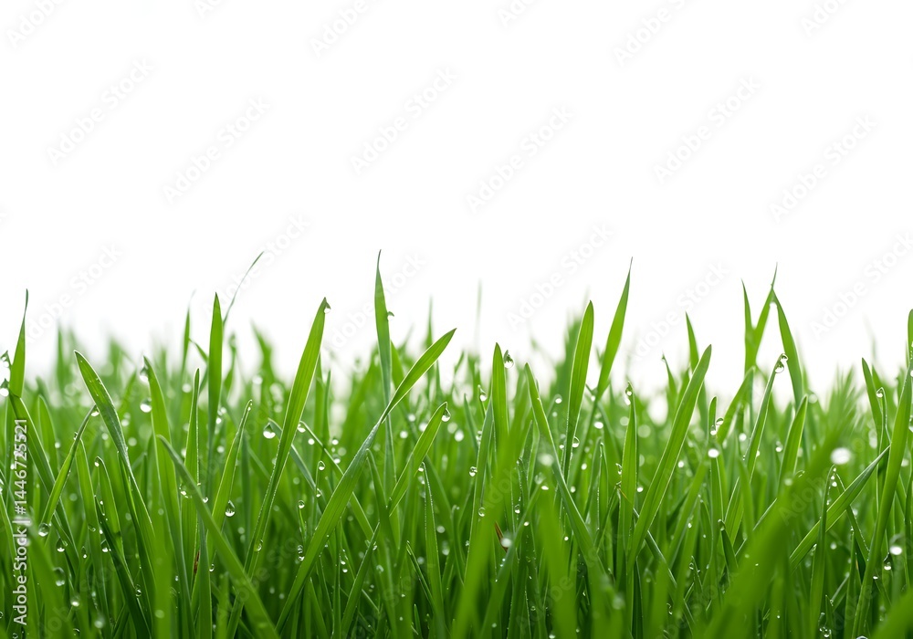 Close up of green grass blades with water droplets against a white background in soft light Close up of green grass blades with water droplets against a white background in soft light