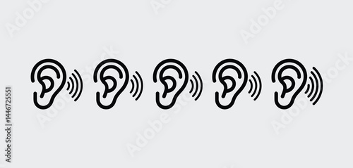 Five Line Icons of an Ear Hearing Sound Waves