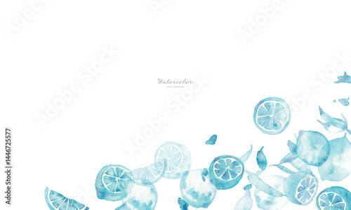 水彩画。水彩タッチの青いレモンイラスト。レモンのベクターイラスト。夏の爽やかな背景フレーム。Watercolor painting. Blue lemon illustration with watercolor touch. Lemon vector illustration. Fresh summer background frame.