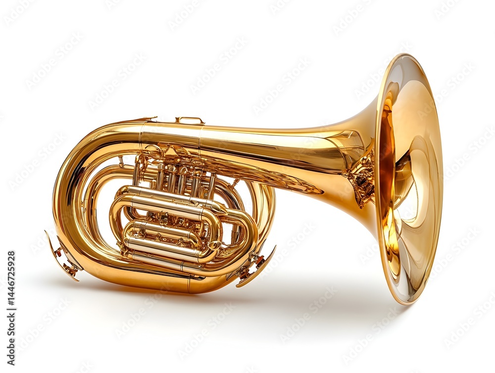 Naklejka premium A gleaming golden euphonium rests on a white background, showcasing its intricate valves and bell.