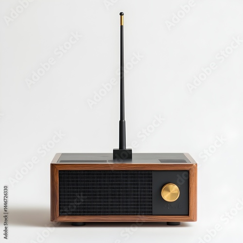 A sleek mid-century modern style radio with a tall antenna sits on a white background, ready for broadcast.