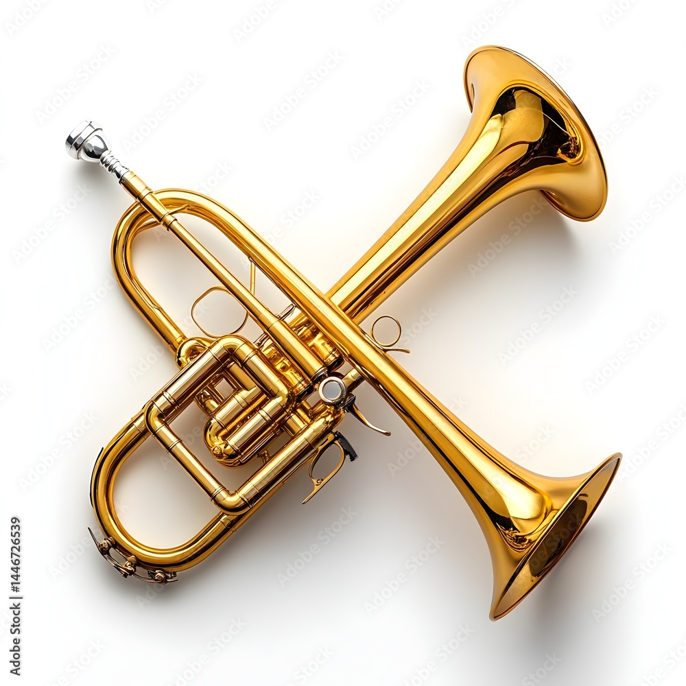 Obraz premium A gleaming golden trumpet rests on a pristine white background showcasing its intricate valves and polished bell.
