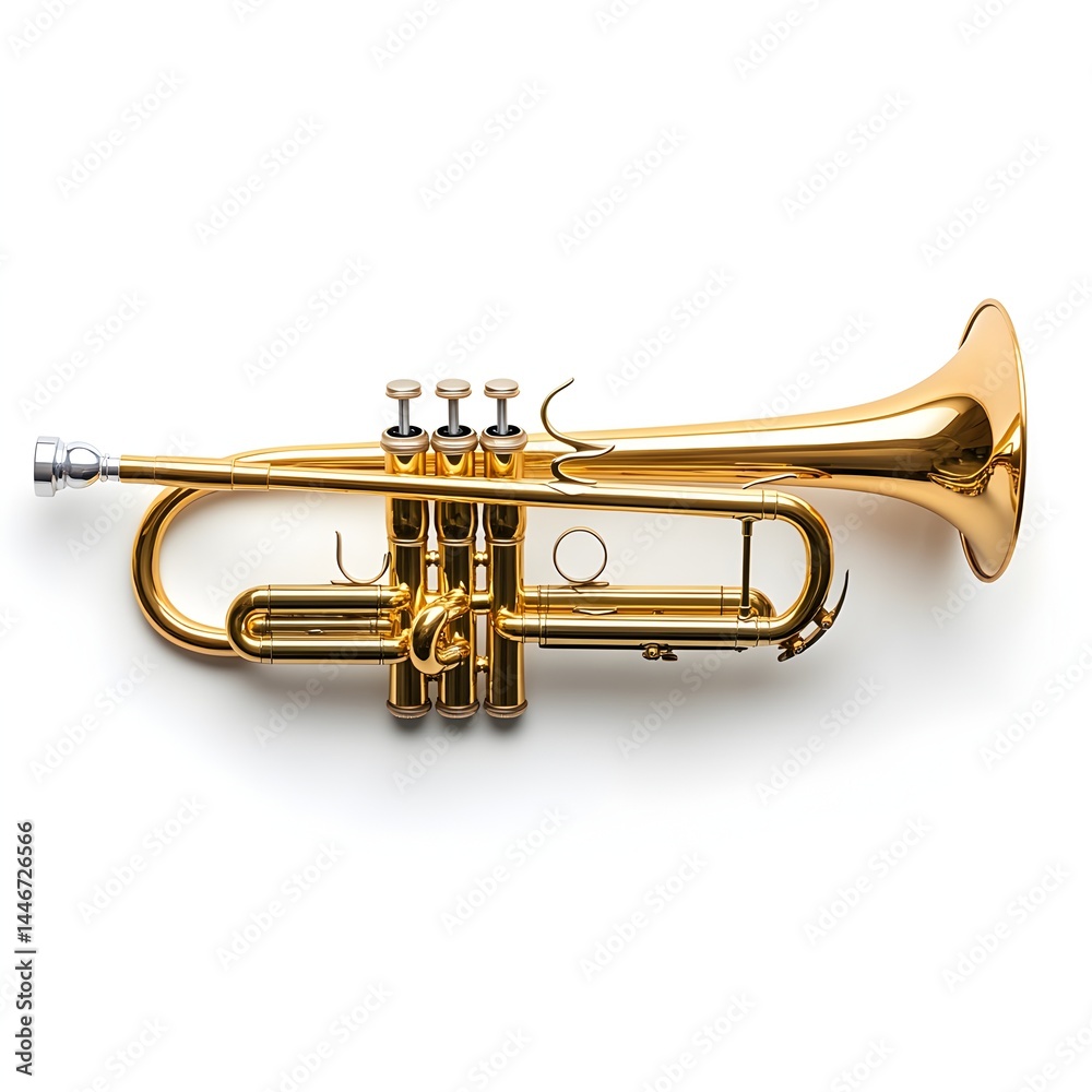 Obraz premium A gleaming gold trumpet rests on a pristine white background ready for a musical performance or studio recording session.