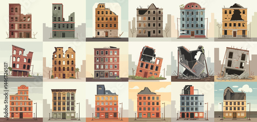 Various Stages of Building Destruction and Ruin Illustration