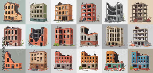 Collection of Destroyed Buildings Cartoon Illustrations