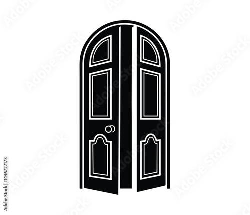 Classic Front Door Silhouette Black Vector Illustration of Traditional Entry Door with Knocker for Architectural Design.