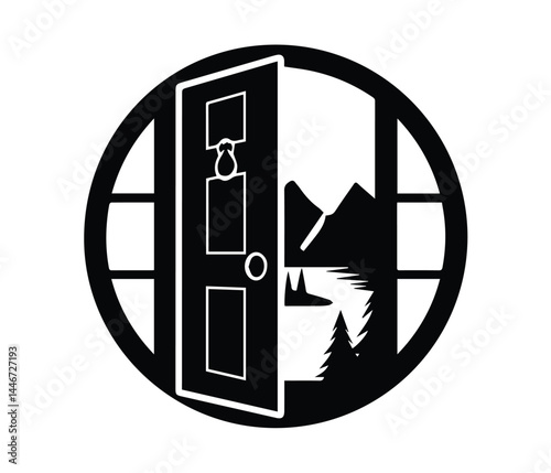 Classic Front Door Silhouette Black Vector Illustration of Traditional Entry Door with Knocker for Architectural Design.