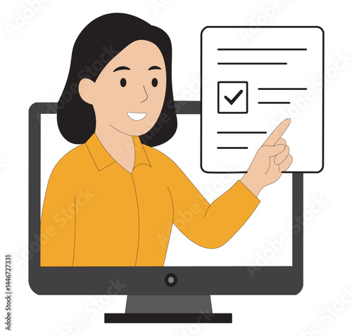 Young woman giving online presentation with checklist on computer screen flat vector illustration for virtual training, online education, and remote learning.