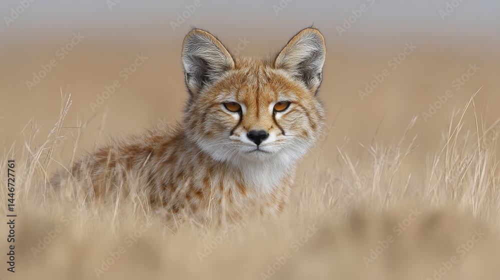 Obraz premium Captivating close up of a sand cat in natural habitat showcasing elusive beauty and wildlife adaptation with watchful gaze amidst golden hues serenity
