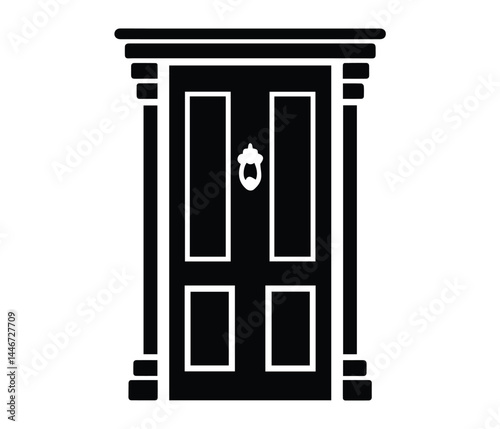Classic Front Door Silhouette Black Vector Illustration of Traditional Entry Door with Knocker for Architectural Design.