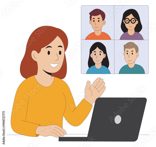 Woman having an online video call with multiple people flat vector illustration. Cartoon style female character in a virtual meeting with team members.  woman using laptop for video conference call.