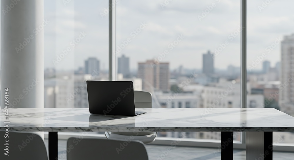 Fototapeta premium A sleek laptop sits on a modern marble table in a meeting room with large windows overlooking a sprawling cityscape.