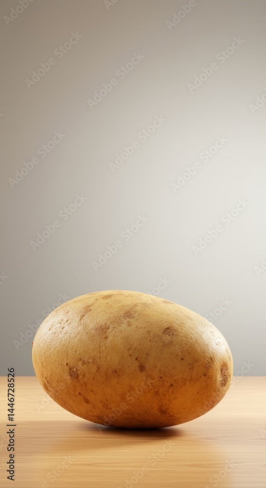 Fototapeta premium A Single Russet Potato on a Wooden Surface Against a Neutral Background, Simple Food Photography