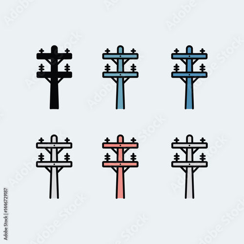 Electricity Pylon Icons Set Black, Blue, Red, and Gray Variations