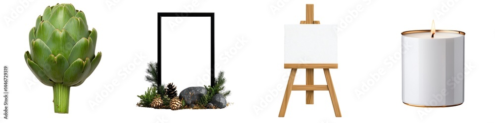 Obraz premium Artichoke, blank canvas, easel, and candle arrangement. isolated against a transparent background.