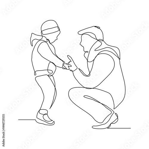 Continuous single line of young father giving some wise advice talk to his child. Happy family parenting concept. Trendy sketch drawing editable stroke vector illustration	