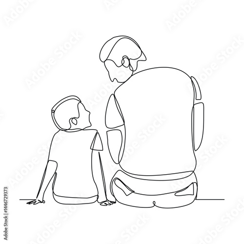 Continuous single line of young father giving some wise advice talk to his child. Happy family parenting concept. Trendy sketch drawing editable stroke vector illustration	
