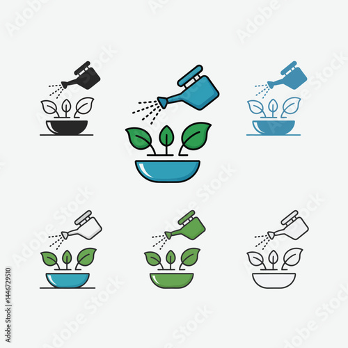 Watering Can Sprinkling Plants Growing in Pots Icon Set