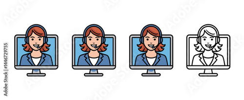 Customer Service Representative on Computer Screen Illustrations
