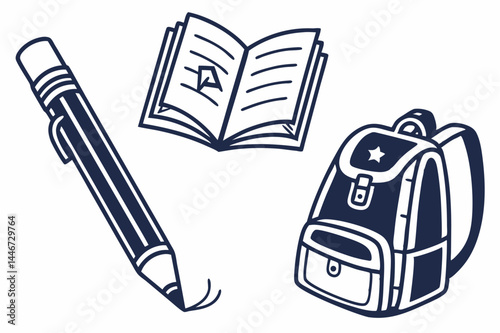 School supplies flat icons – pencils, books, backpack