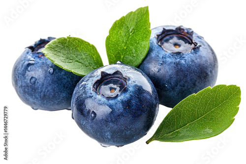 Close-up image of three blueberries with fresh leaves, appearing ripe and juicy. Water droplets are visible on the fruit.