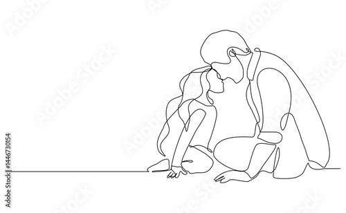 Continuous single line of young father giving some wise advice talk to his child. Happy family parenting concept. Trendy sketch drawing editable stroke vector illustration	