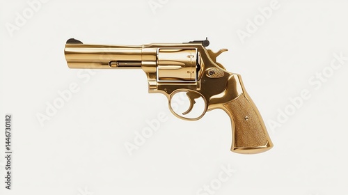 A shiny gold revolver handgun isolated on a plain light background.