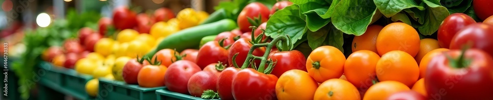 Close-up of array of farm-fresh produce at local market, colorful, fresh, vibrant Close-up of array of farm-fresh produce at local market, colorful, fresh, vibrant