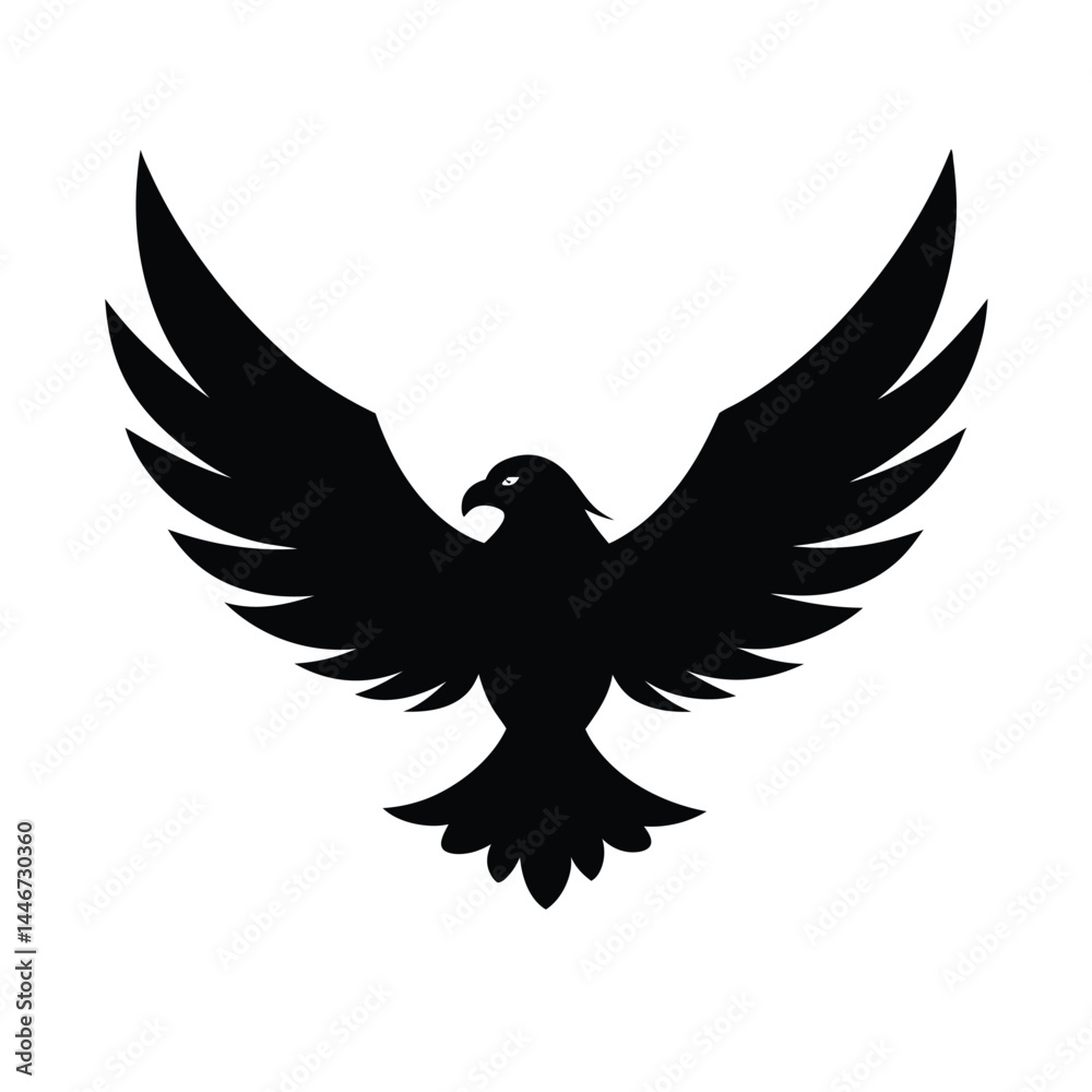 Obraz premium Silhouette vector of an eagle in flight with spread wings on a white background
