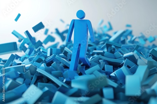 3D visual metaphor of business downfall stopped by special blue figure, strong leadership, modern 3D style