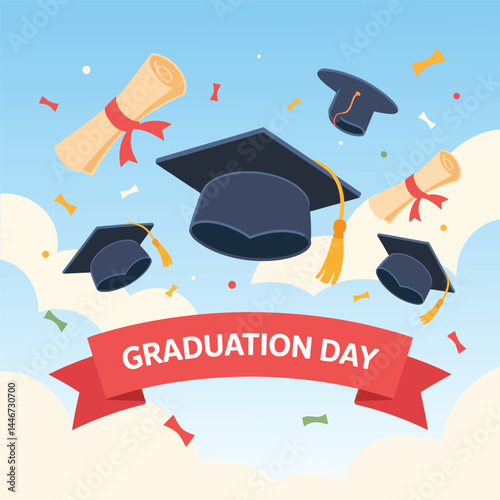 A 3D vector illustration shows a graduation cap and diploma, iconic symbols of academic achievement and the successful completion of university or college education