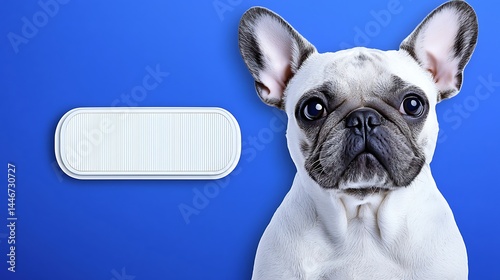 A French Bulldog sits next to a blank nameplate against a blue background.