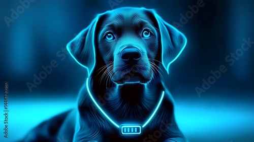A glowing dog with a futuristic collar is depicted in a neon blue digital art style.