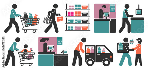 Grocery Shopping Icon Set Supermarket Retail Customers