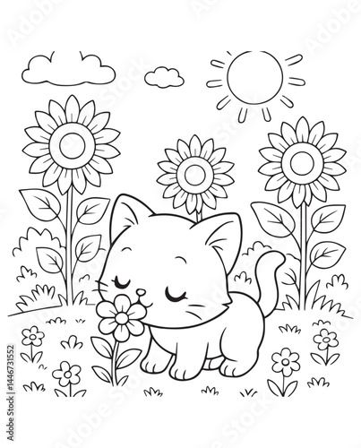 Coloring book kitten gently sniffs a flower in a sunny field of sunflowers