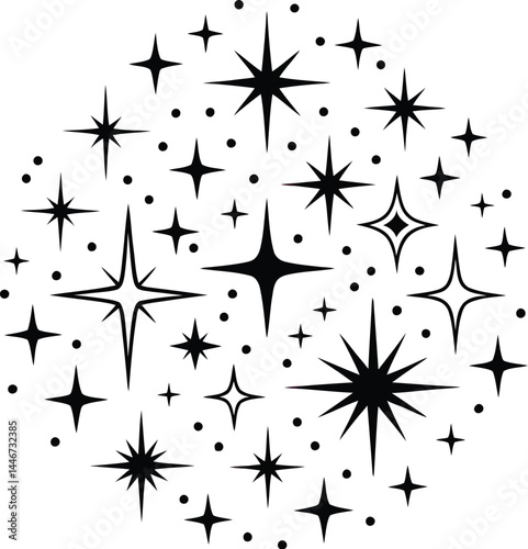 Black Sparkle Stars Icon Set in Circular Pattern Vector