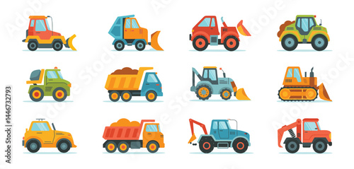 Collection of Colorful Construction Vehicles and Trucks