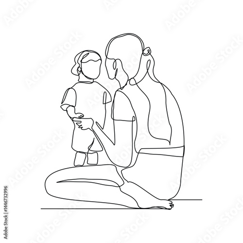 Continuous single line of young mother giving some wise advice talk to his child. Happy family parenting concept. Trendy sketch drawing editable stroke vector illustration	