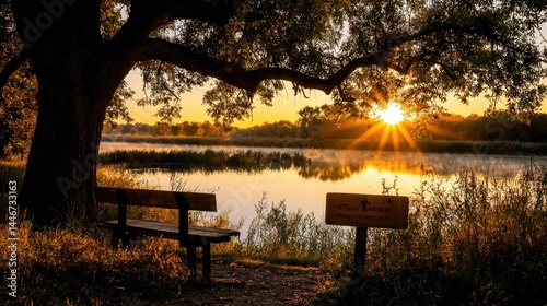 Peaceful morning light over a tranquil lake, bathed in golden sunrise hues. photo