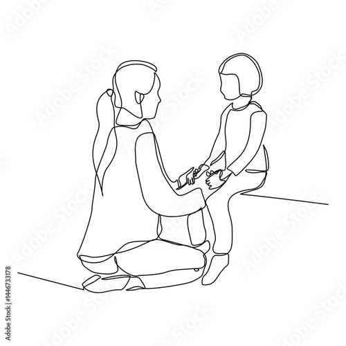 Continuous single line of young mother giving some wise advice talk to his child. Happy family parenting concept. Trendy sketch drawing editable stroke vector illustration	