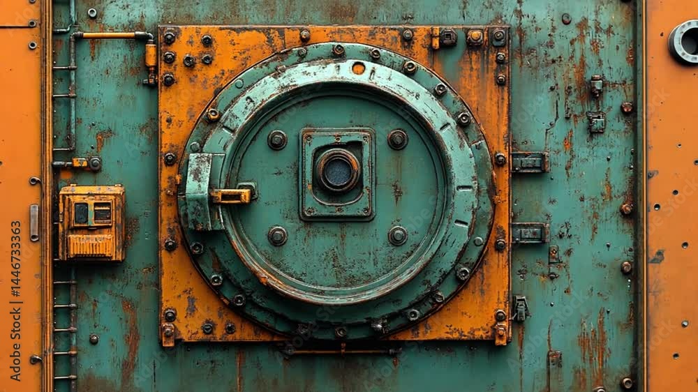 Close-up of a weathered industrial vault door with rust and peeling paint, showcasing intricate details