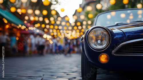 Vintage car headlight on cobblestone street with warm glowing paper lanterns hanging above, creating festive and nostalgic atmosphere in urban setting