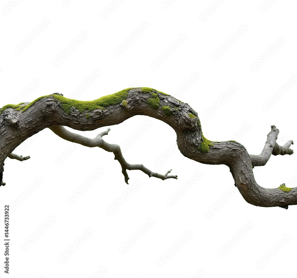 Obraz premium Mossy Tree Branch, Curved, Transparent Background. Nature Element.