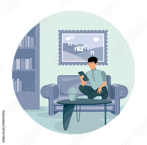 Man with cell phone on living room couch text message on social media app.
