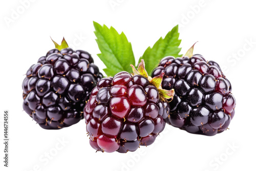 Trio of luscious blackberries, showcasing deep purple and red hues, with visible texture and healthy tones, ideal for a fruit-focused still life.