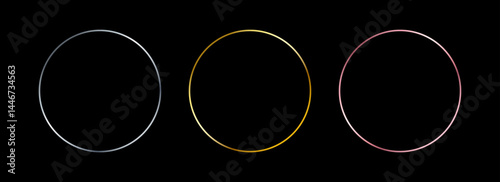 Gold and silver circle thin frame set. Shiny metallic foil circle border collection. Golden glowing boarder bundle in art deco style. Linear round element pack for photo, cadre, card, emblem. Vector 