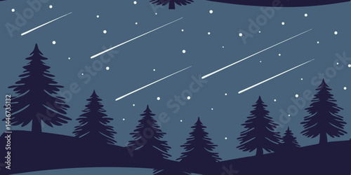 Meteor Shower Over Dark Forest Landscape  