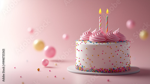 birthday cake with candles in a pink background