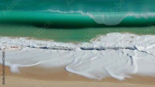 Glistening ocean waves crash gently on a sandy beach under a sunny sky, creating a serene seaside escape.