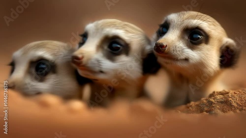 Three adorable meerkats curiously peeking from their burrow in a serene desert setting.